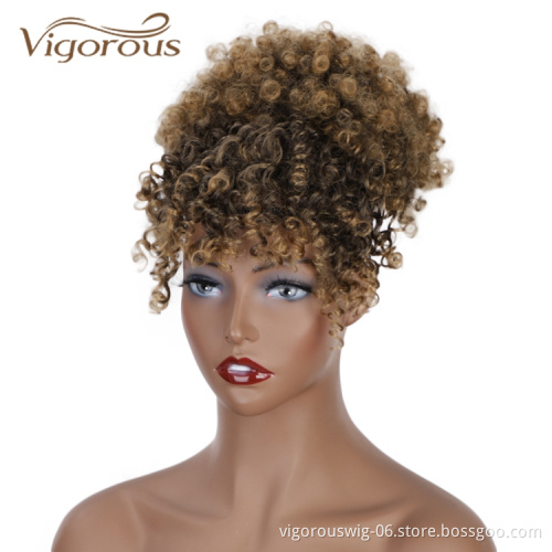 Vigorous New Design Best Selling Short Fluffy Elastic Hairpiece With Bangs Kinky Curly For Black Women Synthetic Afro Hair Bun